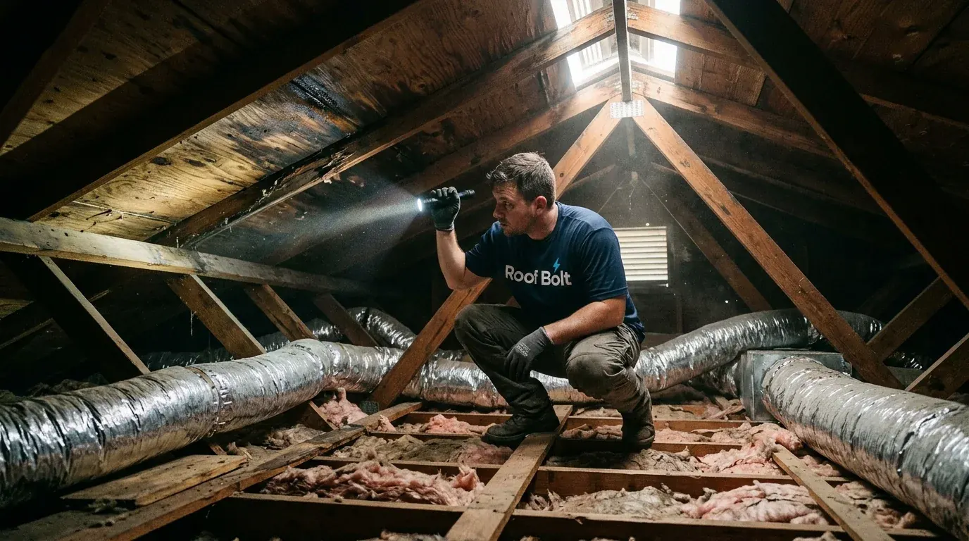 Roofer checking an attic with a flashlight for signs of a roof leak