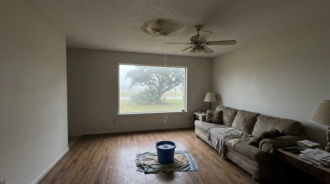 Bucket catching water from a leaking living room ceiling