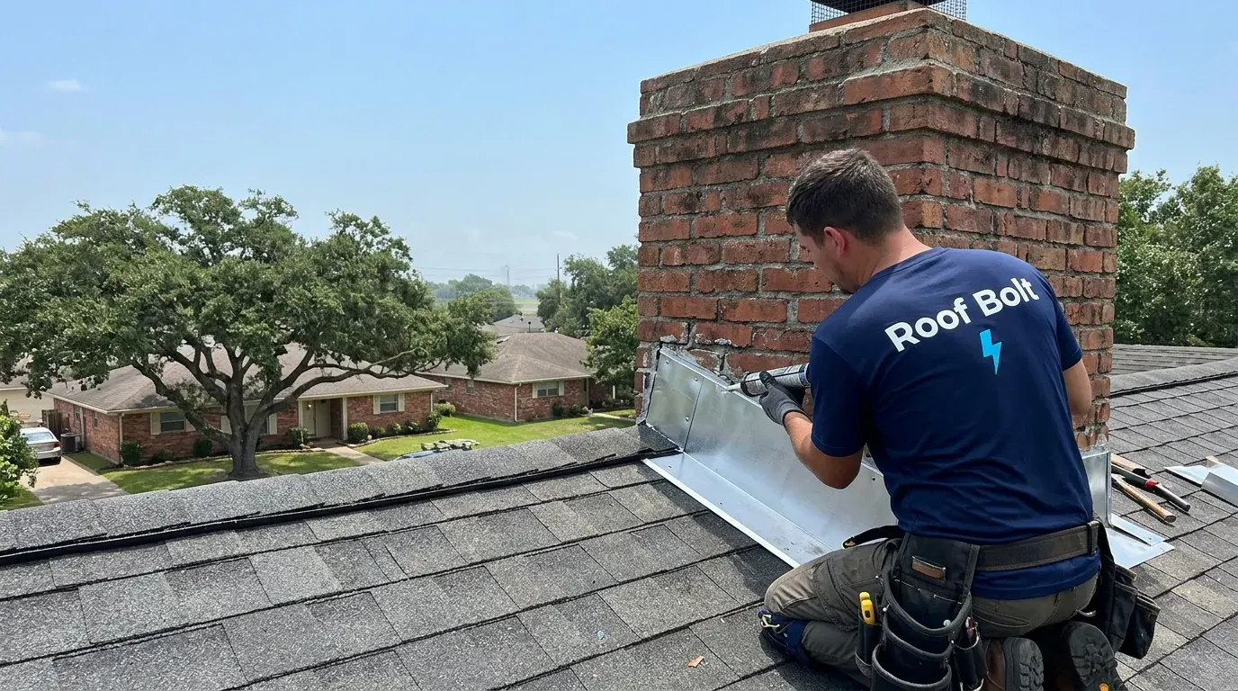 Roofer sealing metal flashing where a roof meets a brick chimney