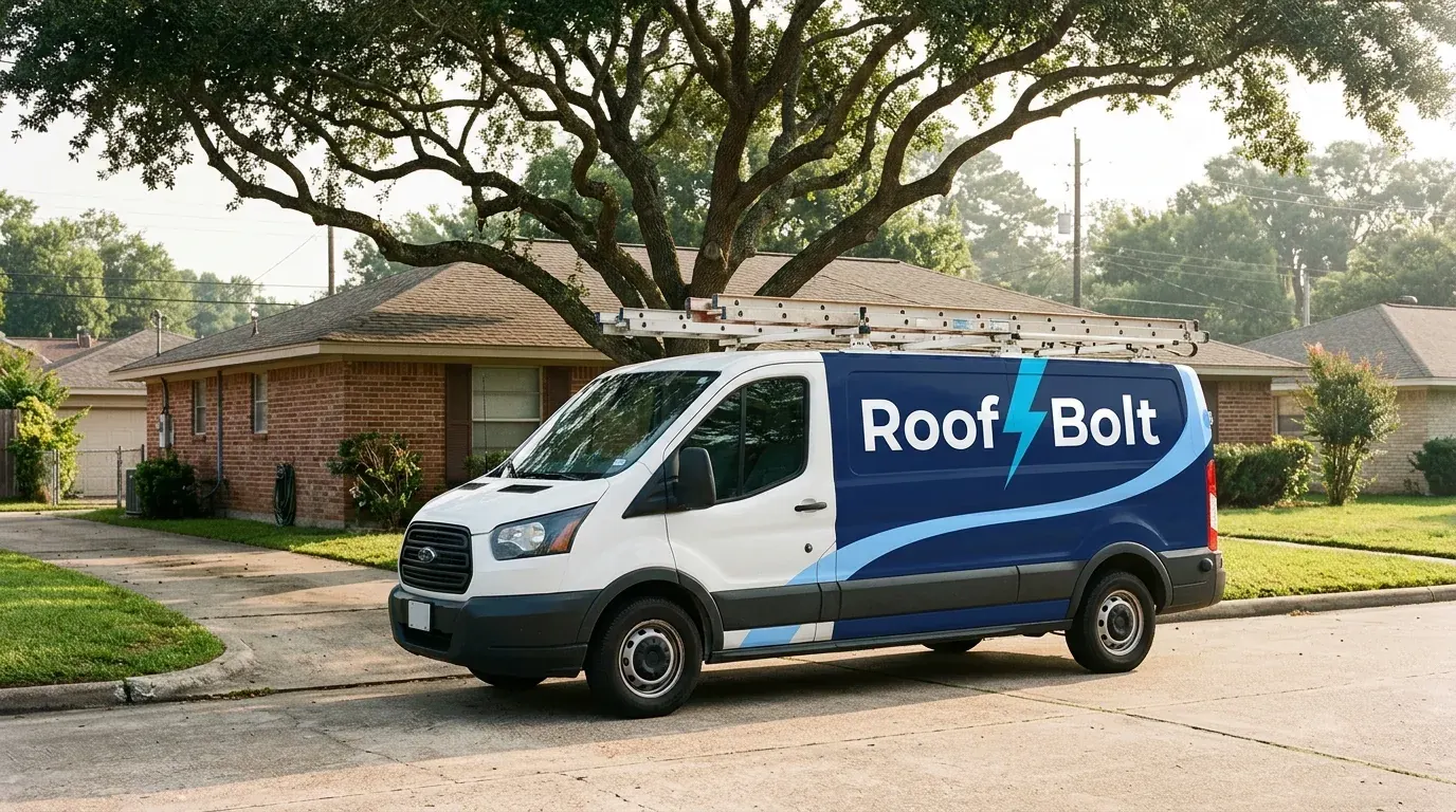 Roof Bolt service van parked at a Baytown, TX home