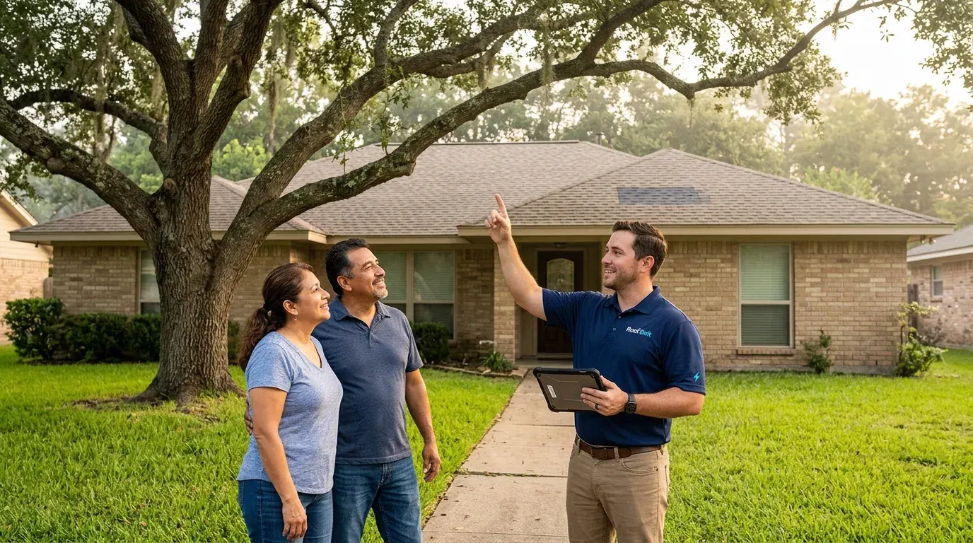 Roofer talking with two homeowners in front of their house